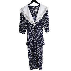 Vintage Floral 80s Collar Lace White Trim Midi Dark Blue Ruffle Dress Size 7/8